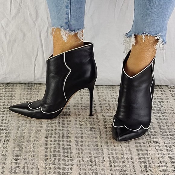 Gianvito Rossi Black with White Trim Leather Ankle Boots Size 37EU - Picture 2 of 6